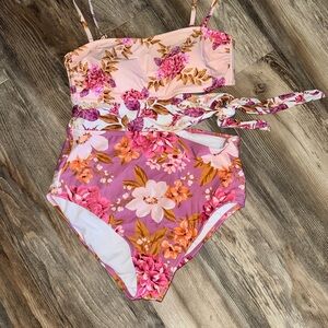 Women’s Kona Sol Pink Floral One Piece Swimsuit with Cutouts & Tie Accent